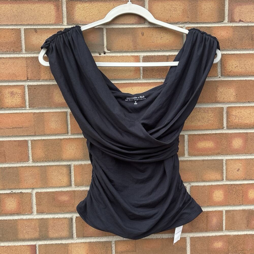 NWT Abercrombie & Fitch Black Modal-Blend Draped Wrap Ruched Top Size Medium